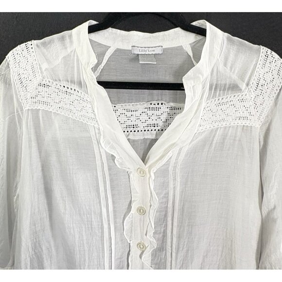LILLY LOU Women Silk Blend Top Button Front Lace 3/4 Sleeve Sz M White 71-3 - Picture 3 of 10
